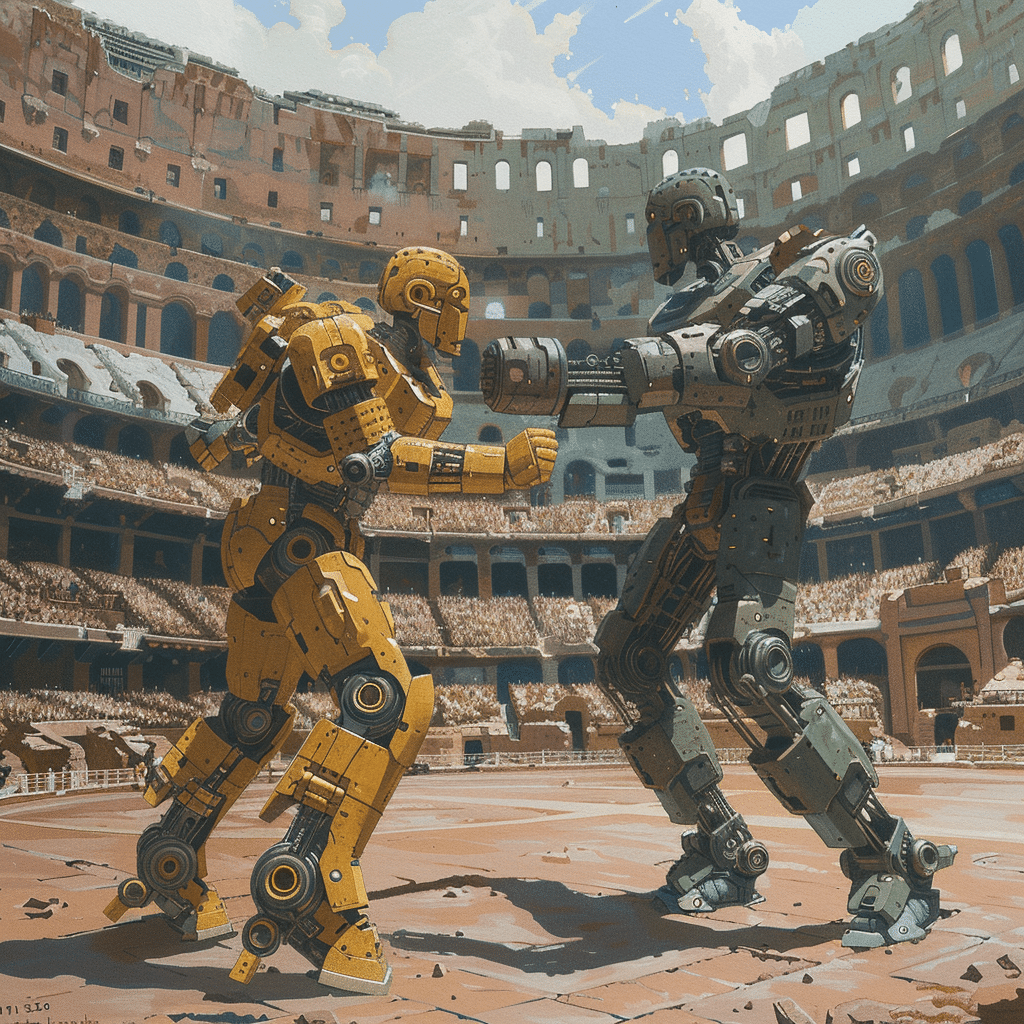 Zwei große Roboter in einem epischen Boxkampf im Stil eines antiken römischen Kolosseums, gefüllt mit Zuschauern. Der eine Roboter ist gelb und der andere grau, beide in Kampfposition.