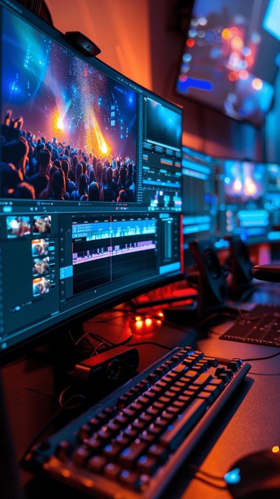 Hochmoderne Video-Editing-Workstation mit Adobe Premiere Pro, demonstriert neue KI-basierte Bearbeitungsfunktionen und B-Roll-Erstellung mittels Text-Prompts
