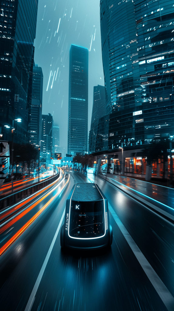 Autonomes Elektrofahrzeug fährt durch eine futuristische Stadt bei Nacht, mit Geschwindigkeitslichtern, die um es herumstreifen, und hohen, beleuchteten Wolkenkratzern im Hintergrund