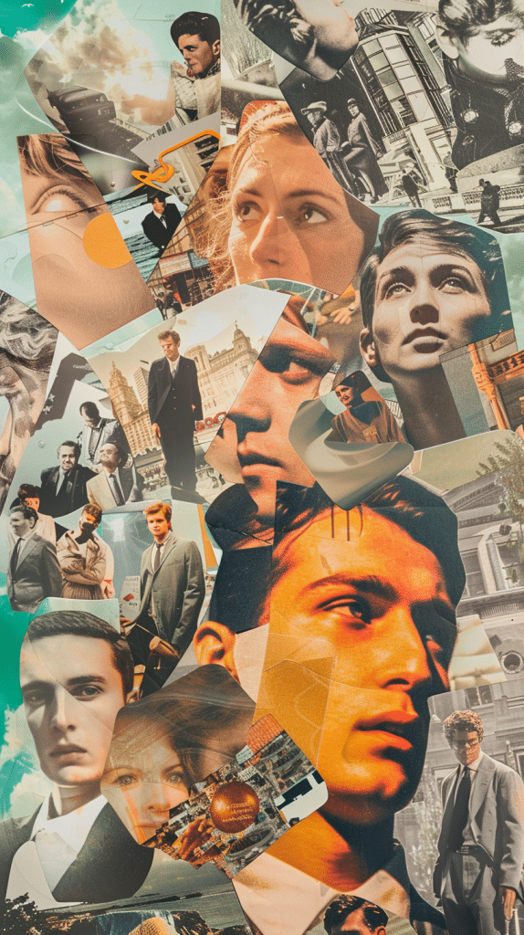 Eine kreative Kollage aus verschiedenen Bildern von Menschen und Orten, die eine fesselnde Geschichte durch die Zeit erzählt, präsentiert von KI-Easy.de