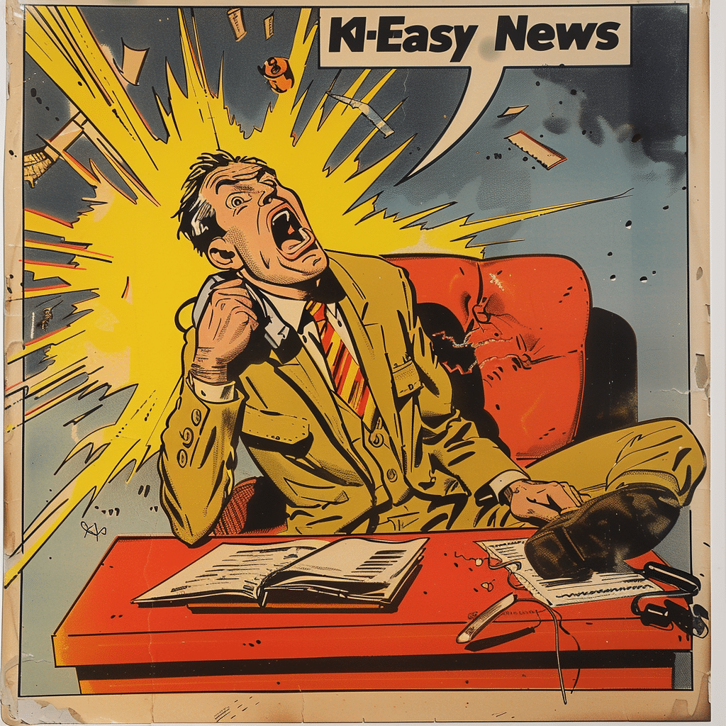 Comic-Stil Illustration eines Mannes, der vor Überraschung schreit, mit der Überschrift 'K-Easy News' im Sprechblasen-Design, was auf spannende Nachrichten im Bereich der KI hindeutet