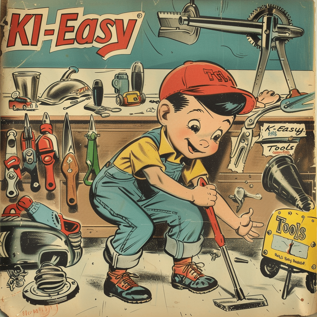 Ein lebhafter Junge im Comic-Stil, der voller Enthusiasmus Werkzeuge verwendet, mit dem 'KI-Easy' Logo im Hintergrund, steht für spielerisches Lernen und Entdecken im Bereich der KI