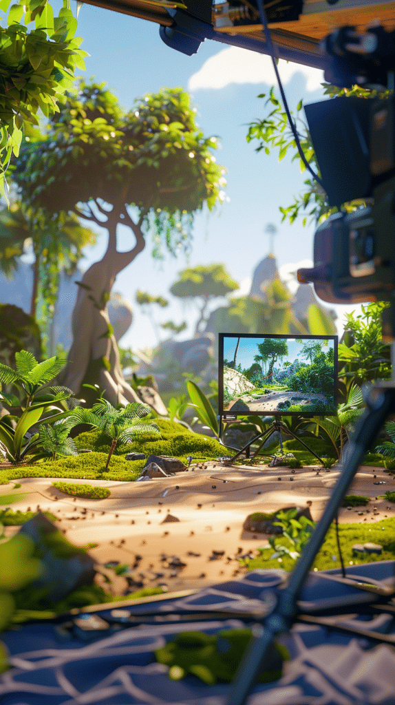 Hochmoderne Virtual-Production-Setaufnahme mit einem Kamera-Blick auf einen Monitor, der eine lebendige Dschungelszene zeigt, umgeben von Requisiten und Beleuchtung, bei KI-Easy.de