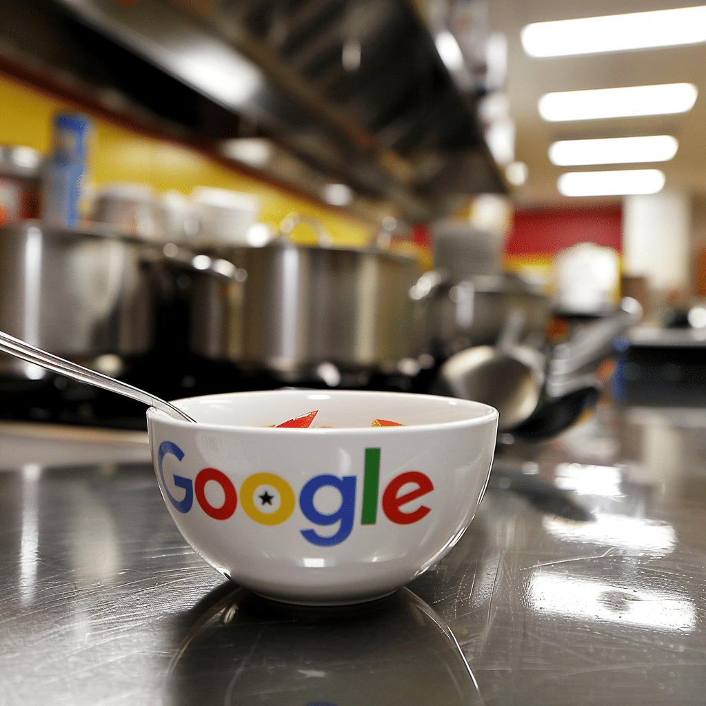 Eine Schüssel mit dem Google-Logo im Vordergrund einer professionellen Küche, bereit, deine Essensvorlieben in Stimmungen zu übersetzen, wie es das Google Food Mood Experiment ermöglicht