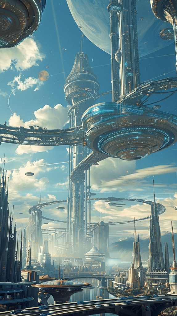 Ein visionäres Bild einer futuristischen Stadt mit hoch aufragenden Türmen und schwebenden Fahrzeugen, die in einem klaren blauen Himmel über majestätischen Wolken eingebettet sind