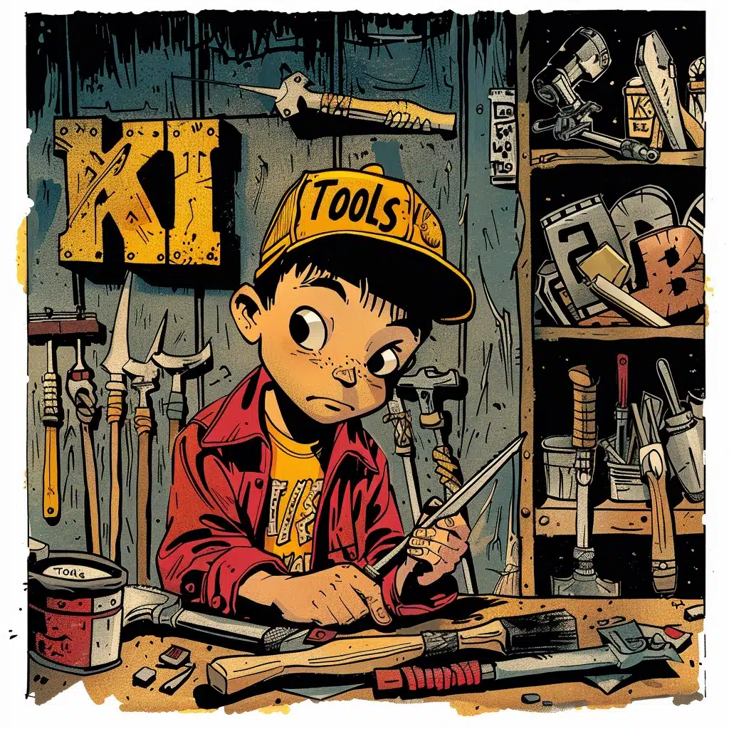 Junge Cartoon-Figur in einer Werkstatt, die an einem Holzprojekt arbeitet, umgeben von Werkzeugen und Geräten mit der Aufschrift 'KI Tools' auf seiner Kappe