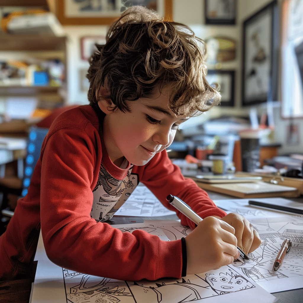 Ein aufmerksamer Junge in einem roten Langarmshirt ist vertieft in das Zeichnen eines Comics auf einem großen Blatt Papier. Warmes Tageslicht erhellt den Raum, welcher voller kreativer Materialien und Kunstwerke zu sein scheint, was eine gemütliche und inspirierende Atmosphäre schafft.