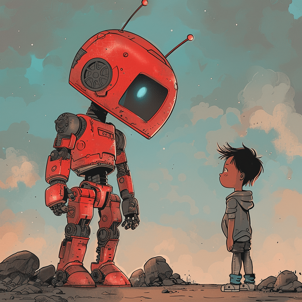 Eine Illustration zeigt ein Kind, das zu einem großen, rot lackierten Roboter mit einem freundlichen Bildschirmgesicht aufschaut, beide stehen in einer wüstenähnlichen Umgebung unter einem weiten, wolkenverzierten Himmel