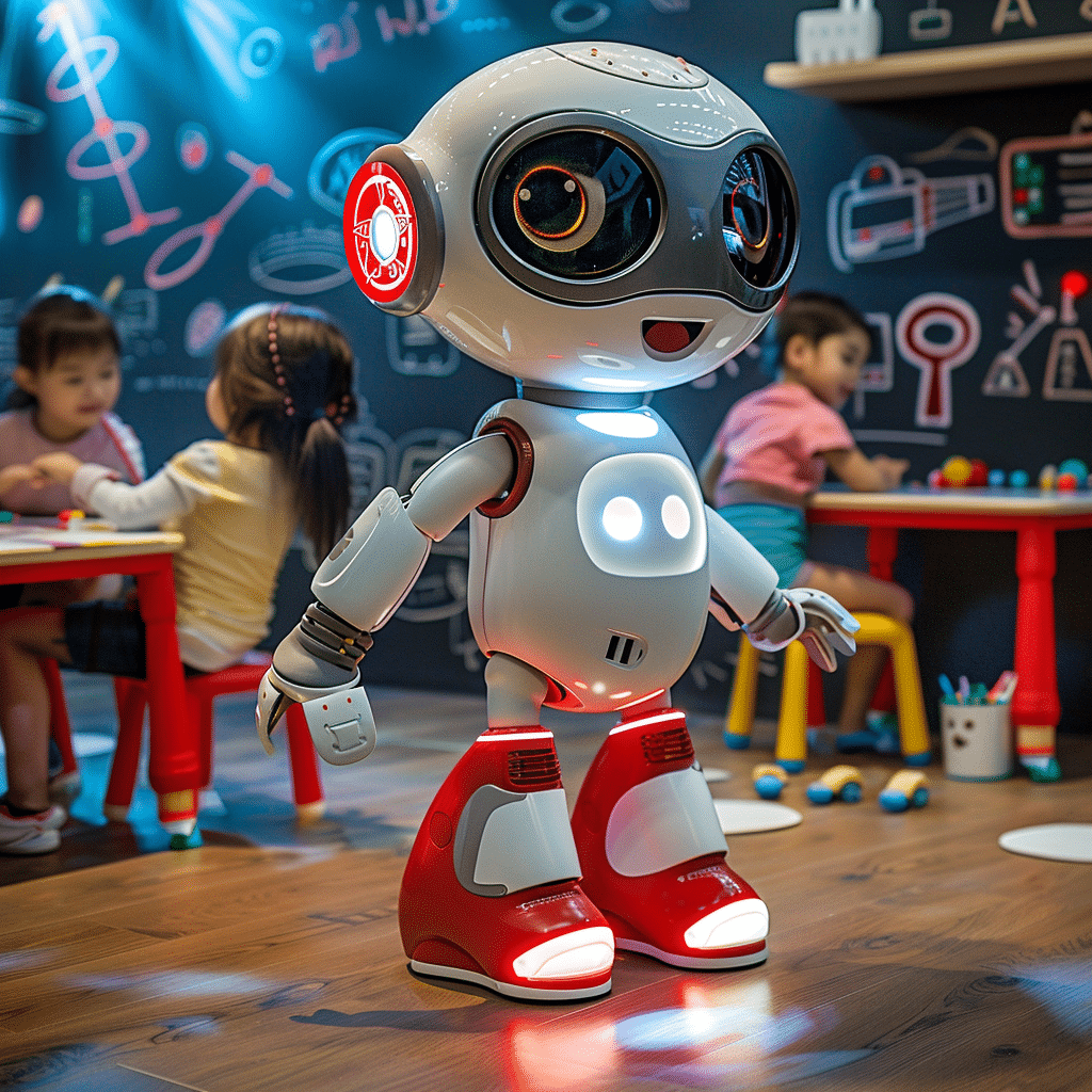 nteraktiver Bildungsroboter in Weiß-Rot im Klassenzimmer, umgeben von lernenden Kindern bei KI-Easy.de. Perfekt für spielerisches Lernen und kognitive Entwicklung