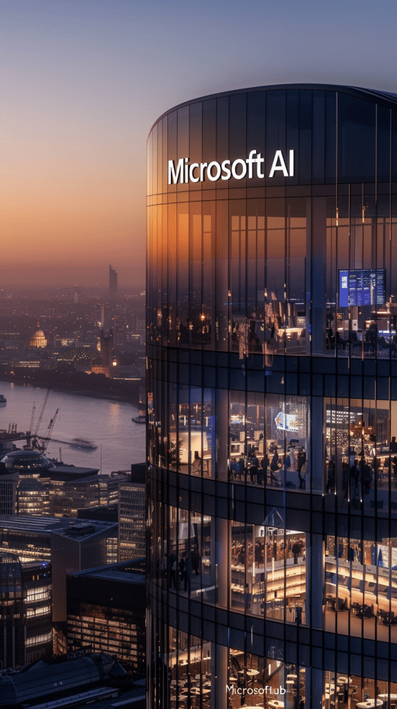 Abenddämmerung über der Skyline einer Metropole, gesehen durch die Glasfronten eines modernen Bürogebäudes mit dem Schriftzug 'Microsoft AI', welches belebte Arbeitsräume voller technologischer Innovationen zeigt