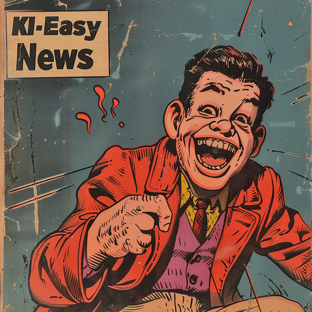 Vintage Comic-Stil Illustration eines lachenden Mannes im roten Sakko, der direkt auf den Betrachter zeigt, neben dem Wortlaut 'KI-Easy News' in einer alten, verwitterten Aufmachung