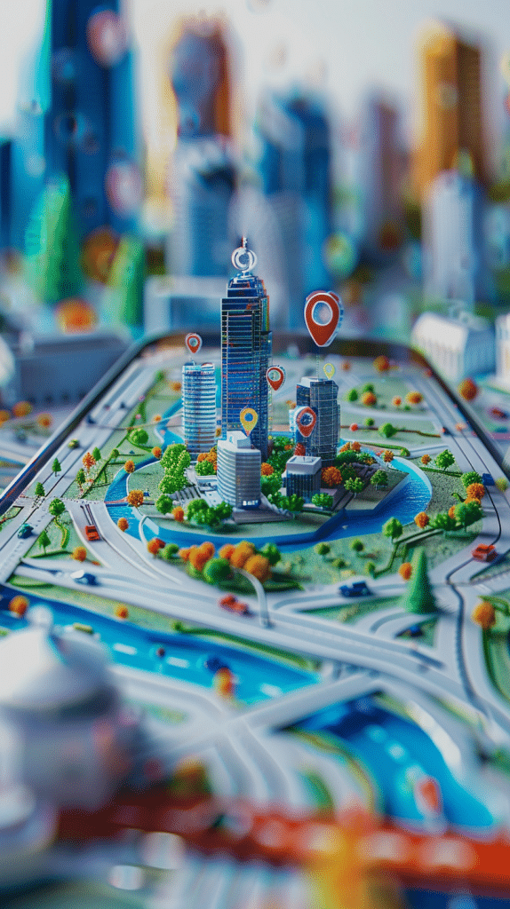 Lebhaftes Modell einer Smart City mit KI-optimierten Navigationspunkten auf KI-Easy.de, das Googles neue KI-gestützte Features für eine fortschrittliche Stadterkundung visualisiert.