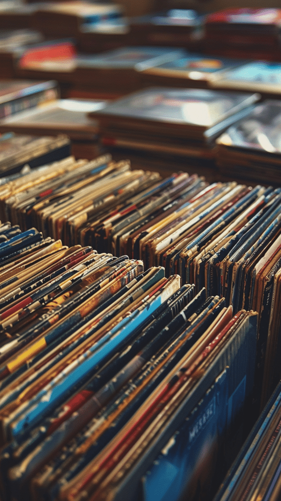 Eine Nahaufnahme von zahlreichen, in Regalen sortierten Vinyl-Schallplatten symbolisiert die Vielfalt und die Tiefe KI-generierter Musik-Playlists, wie sie auf KI-Easy News vorgestellt werden