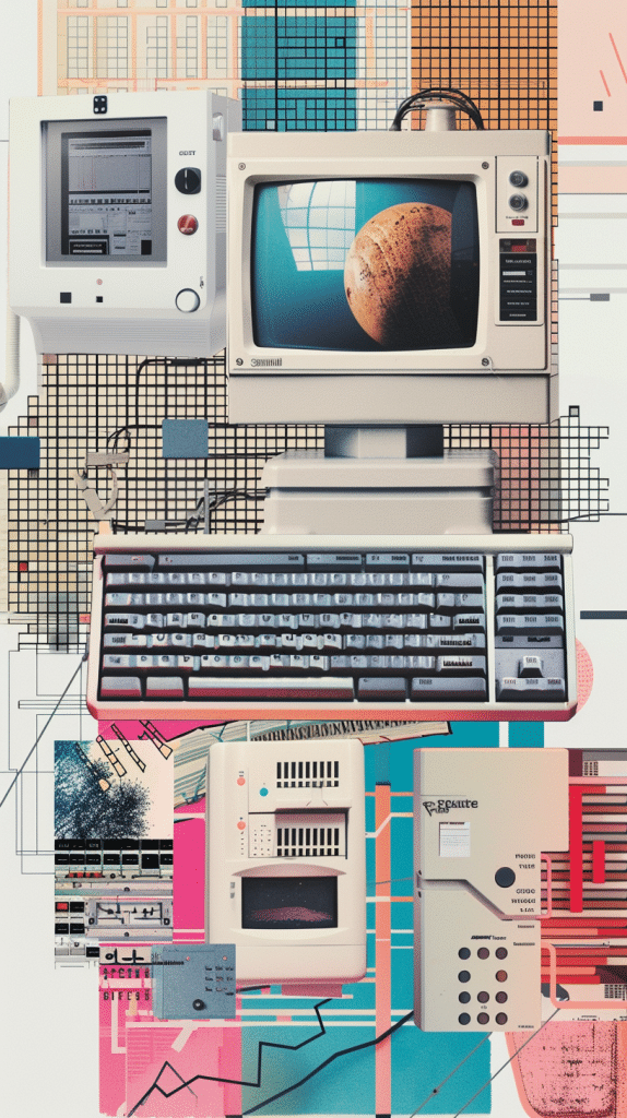 ollage aus Vintage-Computergeräten und modernen grafischen Elementen in einem farbenfrohen Layout, das alte und neue Technik verbindet
