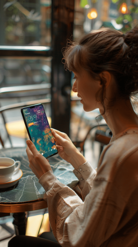 Eine junge Frau in einem gemütlichen Café sitzt am Tisch und betrachtet konzentriert ihr Smartphone, das einen farbenfrohen Bildschirm zeigt.