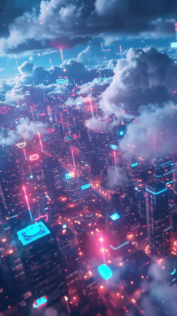 Digitale Illustration einer futuristischen Stadt mit leuchtenden Neonfarben und dynamischen geometrischen Formen, eingehüllt in Wolken