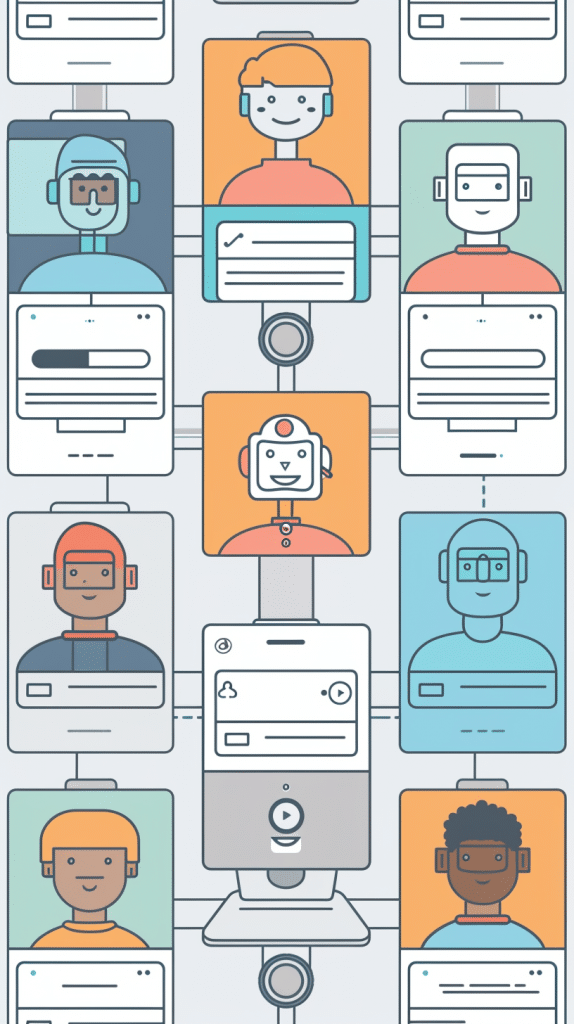 Abstrakte Darstellung einer Vielzahl von KI-Bots und menschlichen Avataren in einer Rasteranordnung, die die Integration von KI in alltägliche Interaktionen symbolisiert.