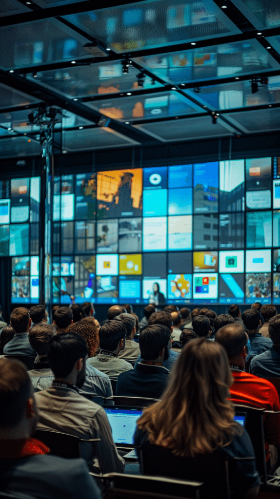 Teilnehmer sitzen in einem modernen Konferenzraum und schauen auf eine Wand voller digitaler Bildschirme, die vielfältige technologische Themen und Innovationen zeigen.
