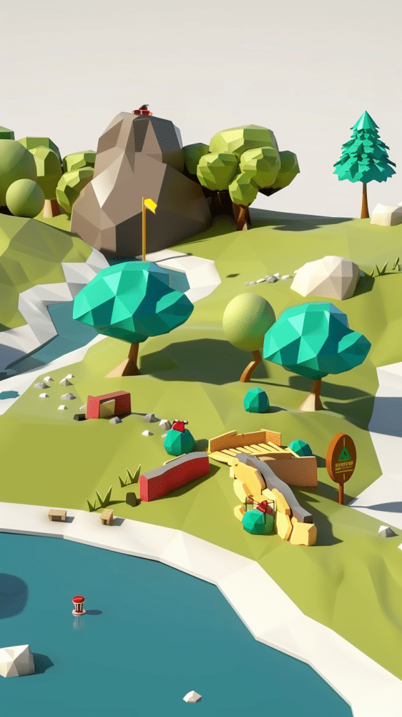 Eine farbenfrohe, minimalistische 3D-Landschaft im Low-Poly-Stil, mit Bäumen, einem See, Hügeln und einem kleinen Holzsteg.