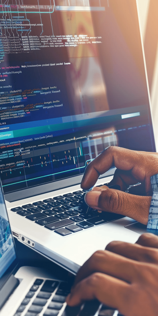 Nahaufnahme einer Hand, die auf einer Laptop-Tastatur tippt, mit Code auf dem Bildschirm.