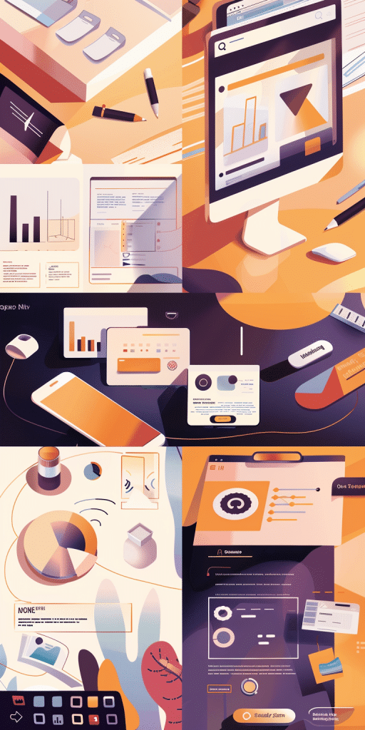 UX design and analytics overview with various charts, graphs, and interface elements