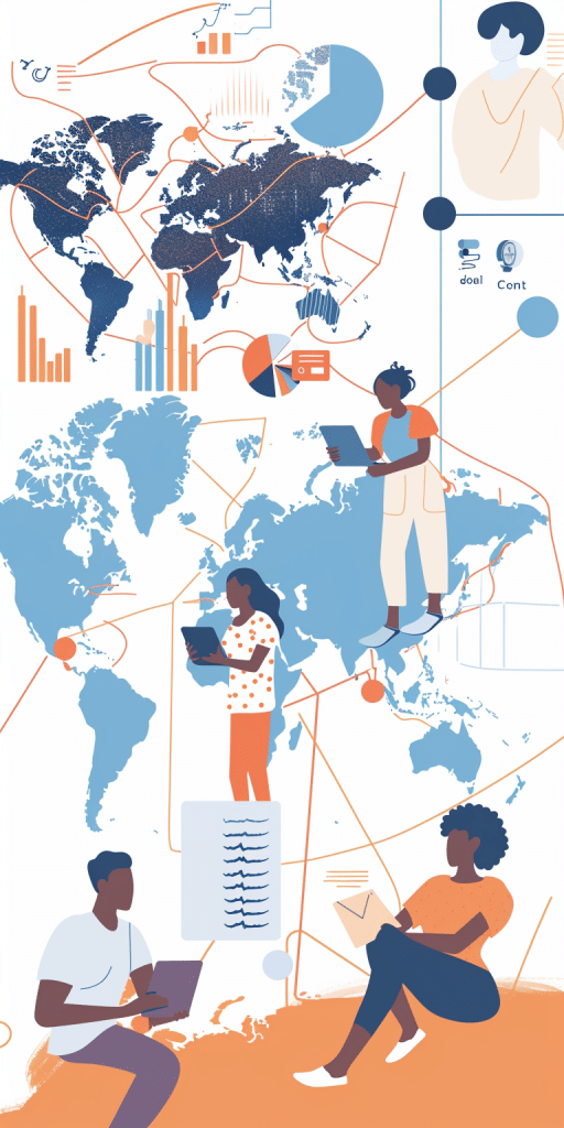 Illustration von Menschen, die weltweit mit digitalen Geräten arbeiten, mit einer Weltkarte und Datenvisualisierungen im Hintergrund.