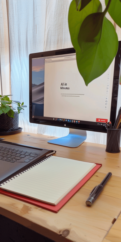 Ein moderner Schreibtisch mit einem Computerbildschirm, auf dem der YouTube-Kanal "AI in 5 Minutes" angezeigt wird. Auf dem Schreibtisch befinden sich ein Laptop, ein Notizbuch, ein Stift und Pflanzen im Hintergrund.