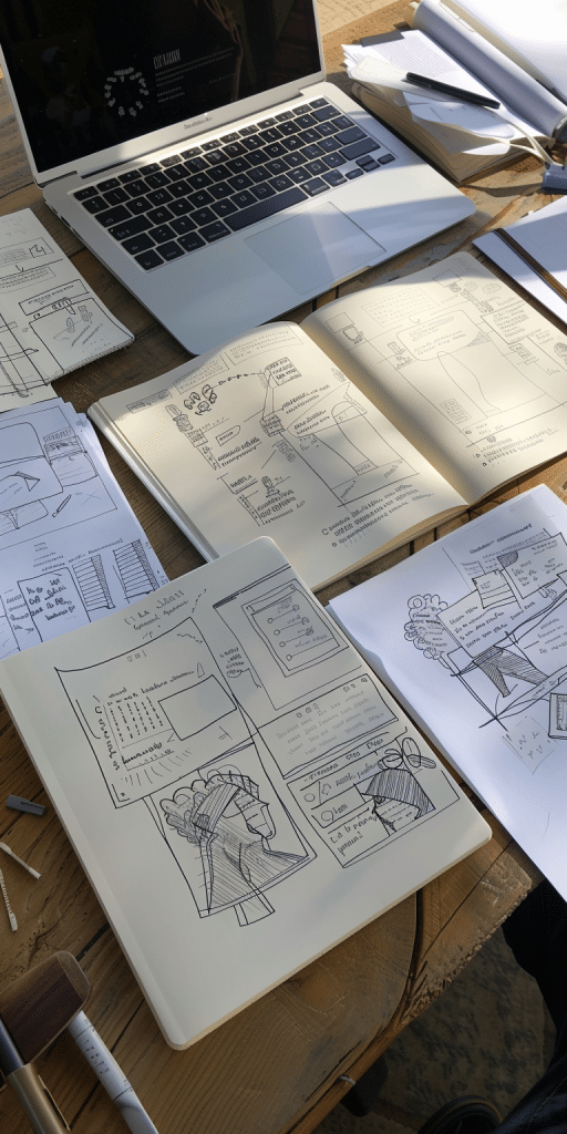 Ein Schreibtisch mit einem geöffneten Laptop und mehreren Notizbüchern mit handgezeichneten Skizzen und Diagrammen.