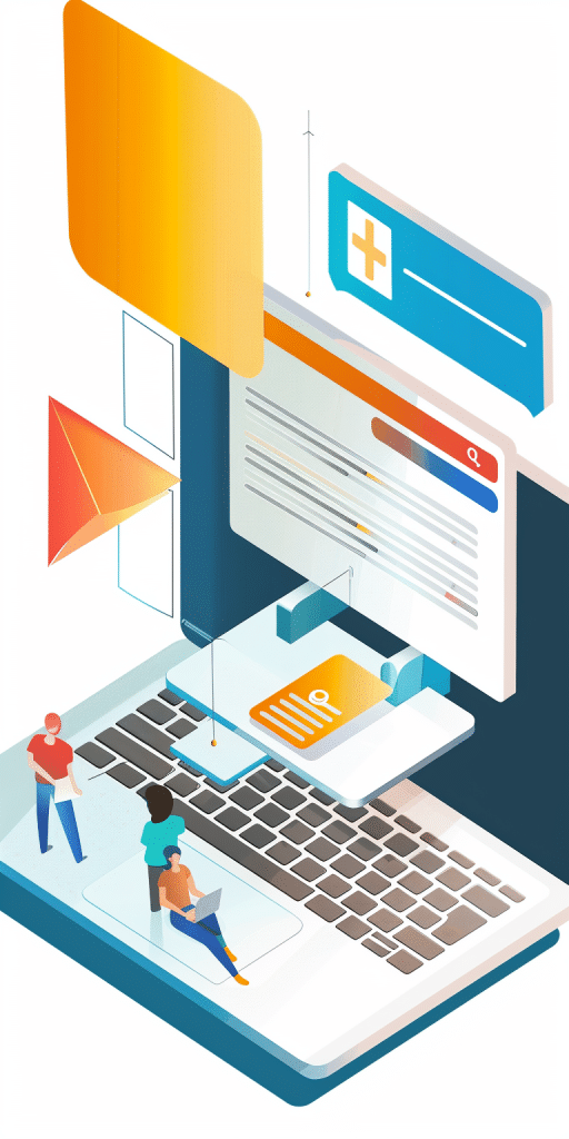 Illustration von Menschen, die an einem riesigen Laptop arbeiten, wobei der Bildschirm Suchmaschinen und andere Online-Tools zeigt.