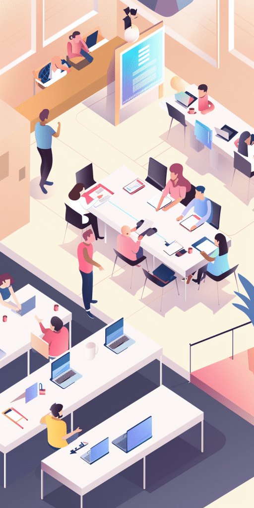 Eine moderne Büroumgebung mit mehreren Mitarbeitern, die an Schreibtischen arbeiten, an Computern tippen und miteinander interagieren.