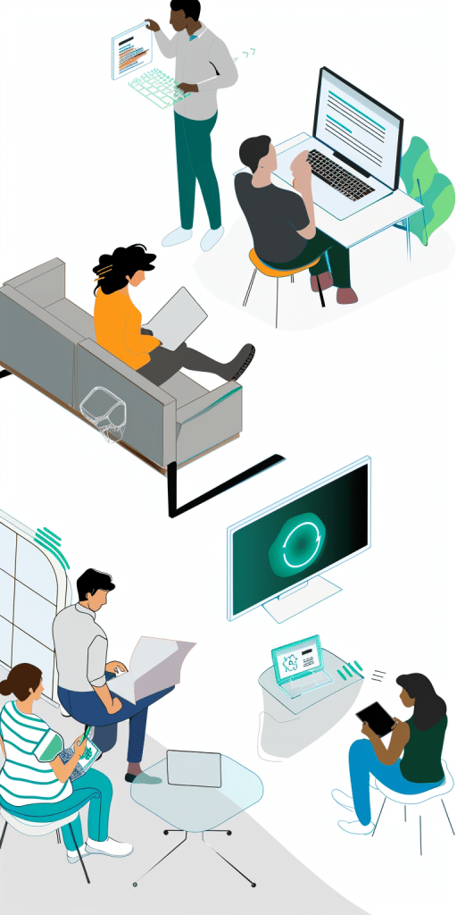 Illustrationen von Personen, die in verschiedenen Umgebungen KI-Tools verwenden, darunter ein Mann, der auf einem Sofa sitzt, ein anderer, der vor einem Computer arbeitet, und zwei Personen, die auf mobilen Geräten KI-Anwendungen nutzen.