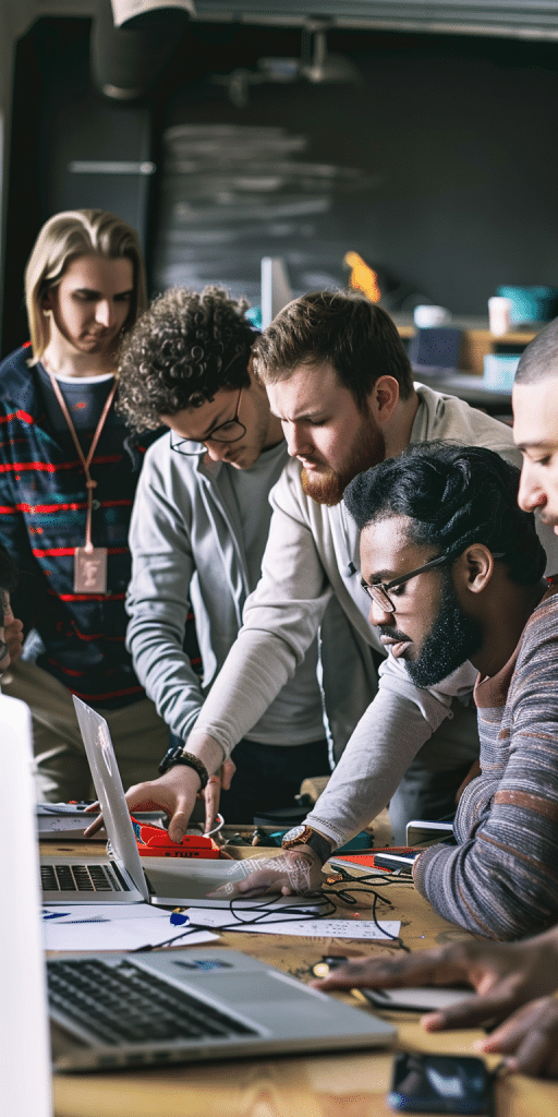 A diverse group of tech enthusiasts collaborating intensely on an AI project, surrounded by laptops and technical equipment.
