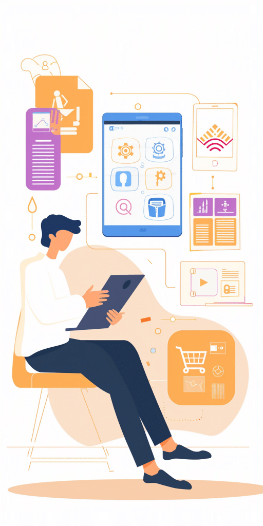 Illustration einer Person, die auf einem Tablet arbeitet, umgeben von Symbolen und Icons, die verschiedene KI-Anwendungen und Tools darstellen.