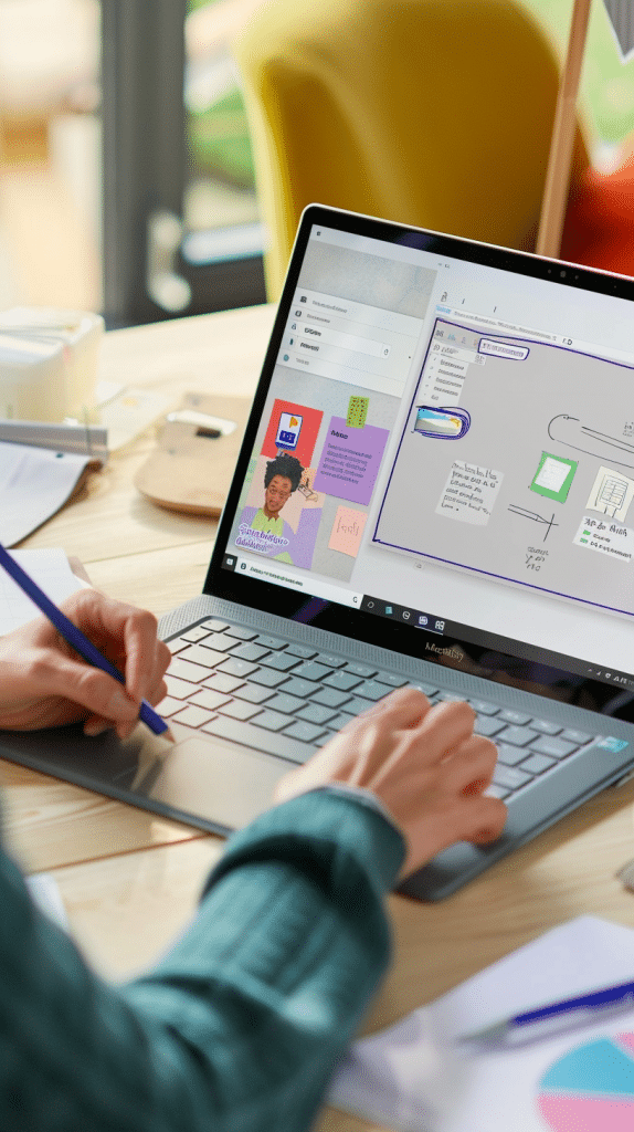 Nahaufnahme einer Person, die mit einem Laptop arbeitet und digitale Notizen auf dem Bildschirm anzeigt, während sie mit einem Stift schreibt.