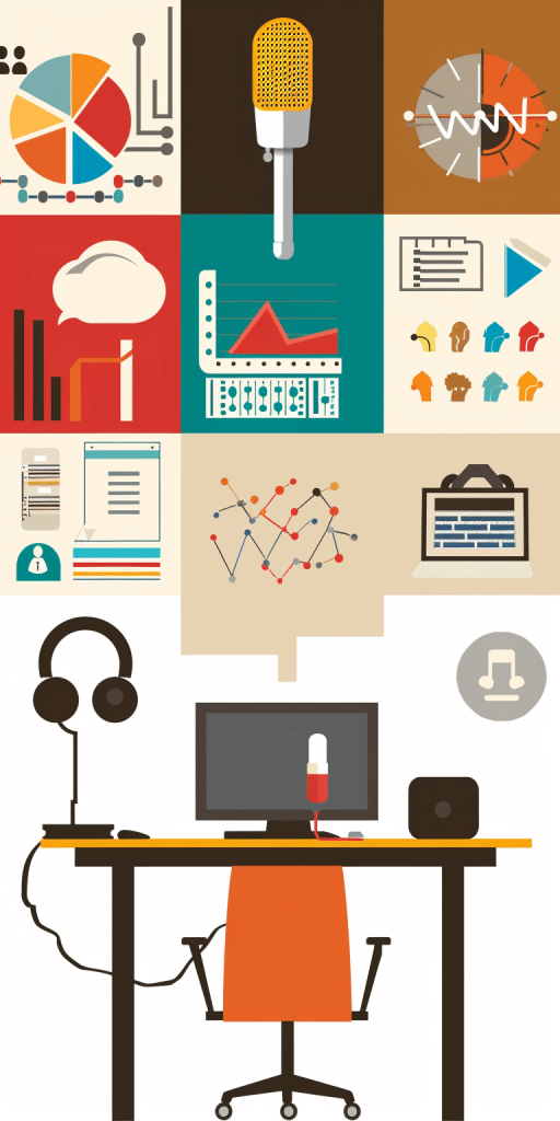 Ein Podcast-Studio-Setup mit Mikrofon, Kopfhörern und einem Computerbildschirm, umgeben von Symbolen für Datenvisualisierung und Analyse.