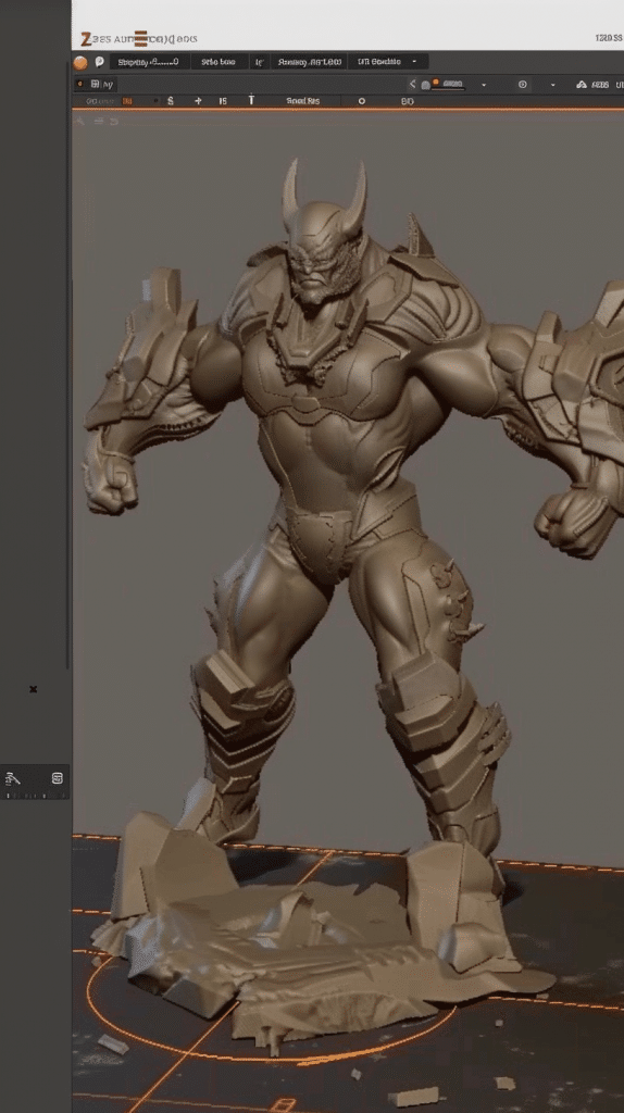 Ein detailliertes 3D-Modell eines mächtigen Kriegers mit Rüstung und Hörnern, erstellt in der Software ZBrush, während der Modellierungsprozess auf dem Bildschirm angezeigt wird.
