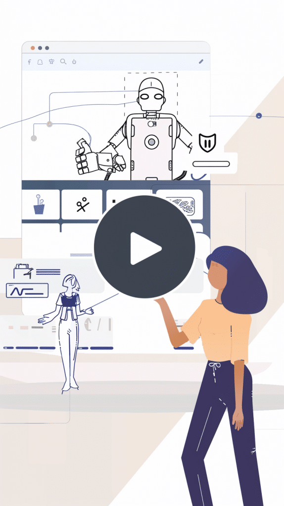 Illustration einer Frau, die auf ein digitales Interface zeigt, das einen Roboter und verschiedene Symbole zeigt, umgeben von digitalen Elementen und grafischen Icons.