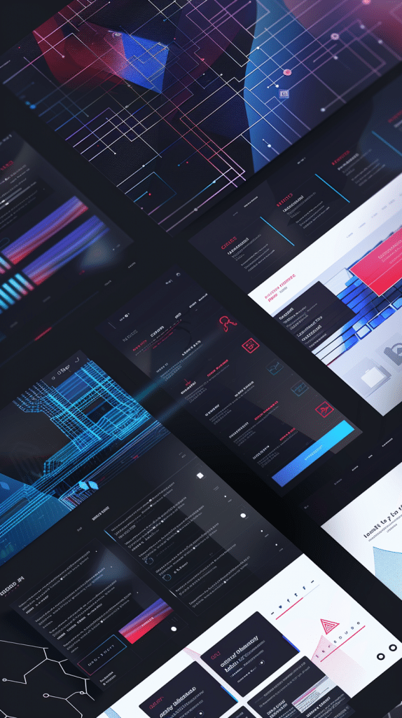 Eine visuelle Darstellung eines modernen UI/UX-Design-Dashboards mit futuristischen, geometrischen Elementen und Linien in dunklen Farbtönen.