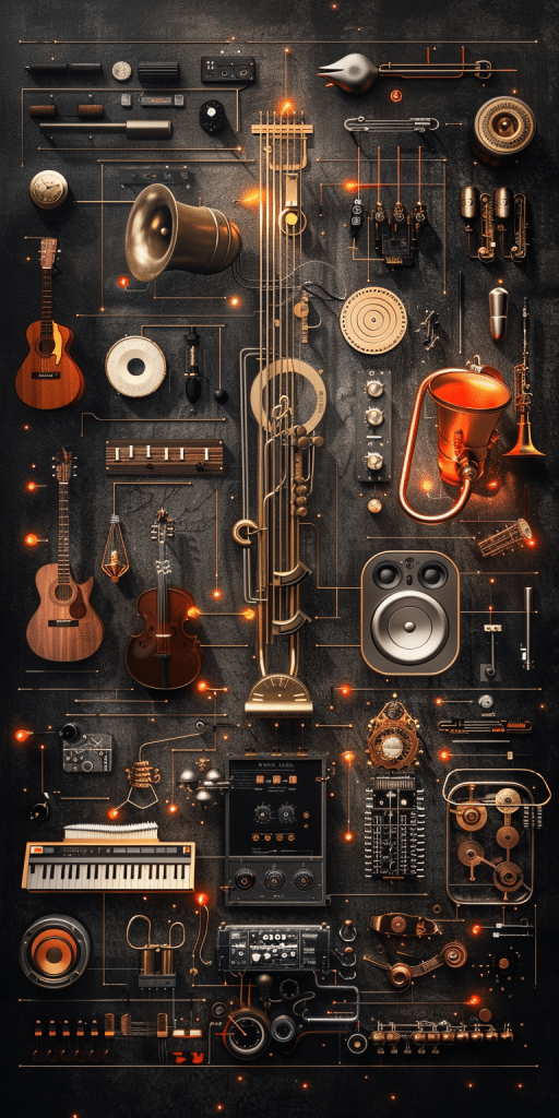 Eine kunstvolle Anordnung verschiedener Musikinstrumente und Audiogeräte, sorgfältig platziert zu einem visuellen Konzert aus Farben und Formen, das die Verbindung von Musik und KI-Technologie darstellt.