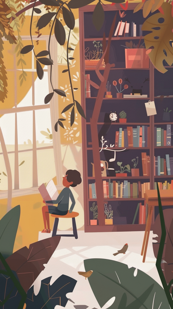 Illustration eines gemütlichen Leseraums mit einem Kind, das auf einem Stuhl sitzt und ein Buch liest. Im Hintergrund befinden sich ein großes Fenster, Pflanzen und ein Bücherregal voller Bücher und Dekor.