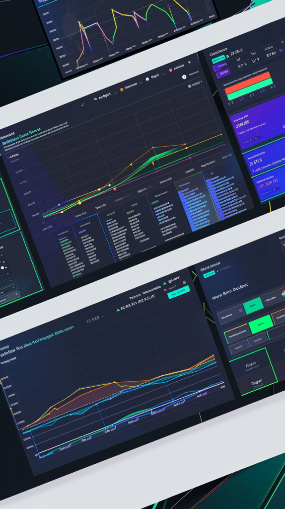 Mehrere Bildschirme mit erweiterten Datenanalysefunktionen von ChatGPT, darunter interaktive Diagramme, Tabellen und Datenvisualisierungen.