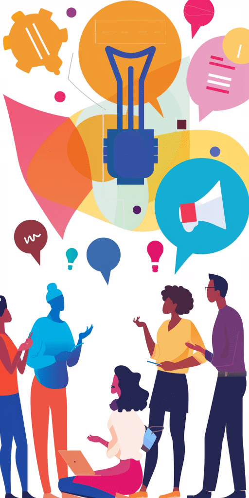 A diverse group of people engaging in a lively discussion about AI, with colorful speech bubbles and icons representing ideas and collaboration.