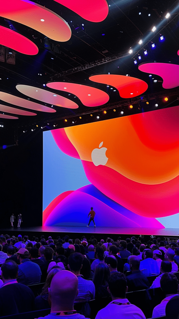 Bühne der Apple WWDC 2024 mit großem Bildschirm, der das Apple-Logo und bunte Grafiken zeigt, während Zuschauer gespannt zusehen.