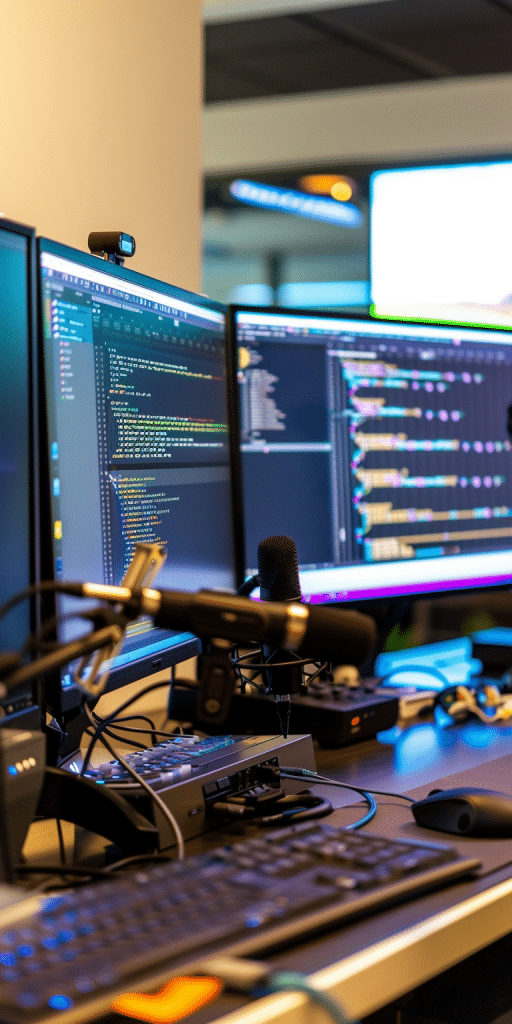 A professional setup with multiple monitors displaying code, a microphone, and podcast recording equipment.