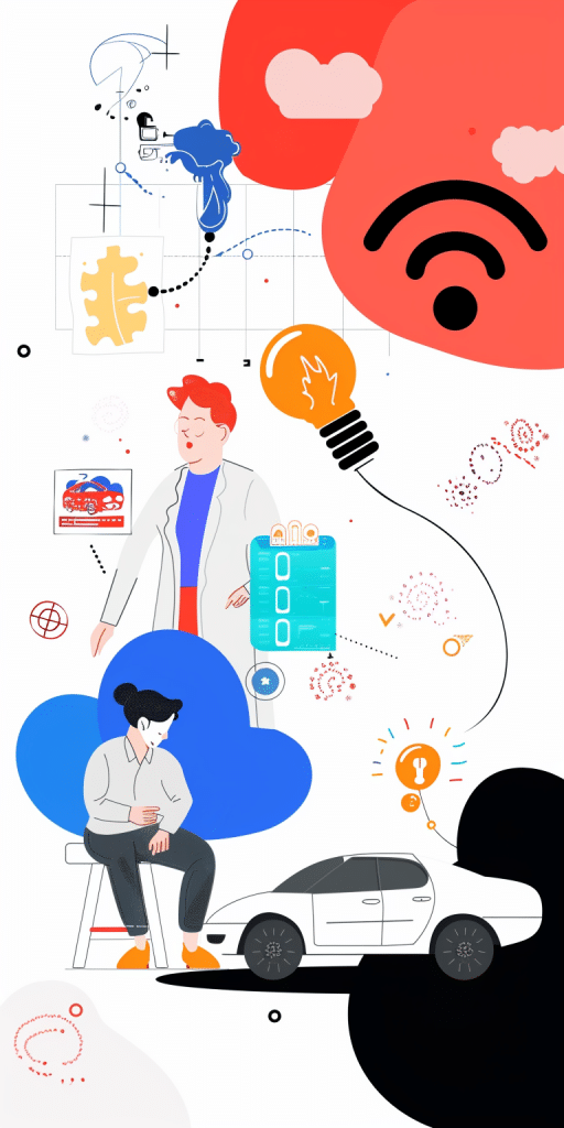 ine bunte Illustration mit Symbolen für Technologie, Daten, und Innovation, darunter ein Auto, eine Glühbirne und ein Cloud-Symbol.