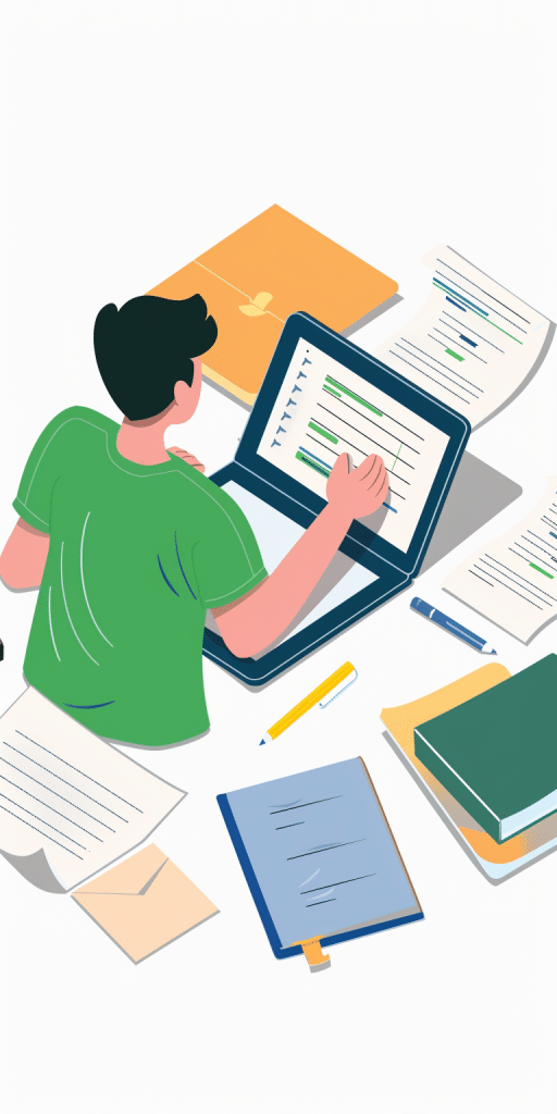 Eine Person, die an einem Laptop arbeitet, umgeben von Büchern und Notizen, als Symbol für Online-Lernen und Kursvorbereitung.