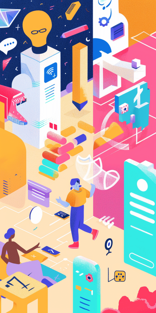 Buntes und dynamisches Illustration eines Online-Lernraums mit verschiedenen Elementen der Künstlichen Intelligenz, darunter eine Glühbirne, Zahnräder und Personen, die mit Technologie interagieren.