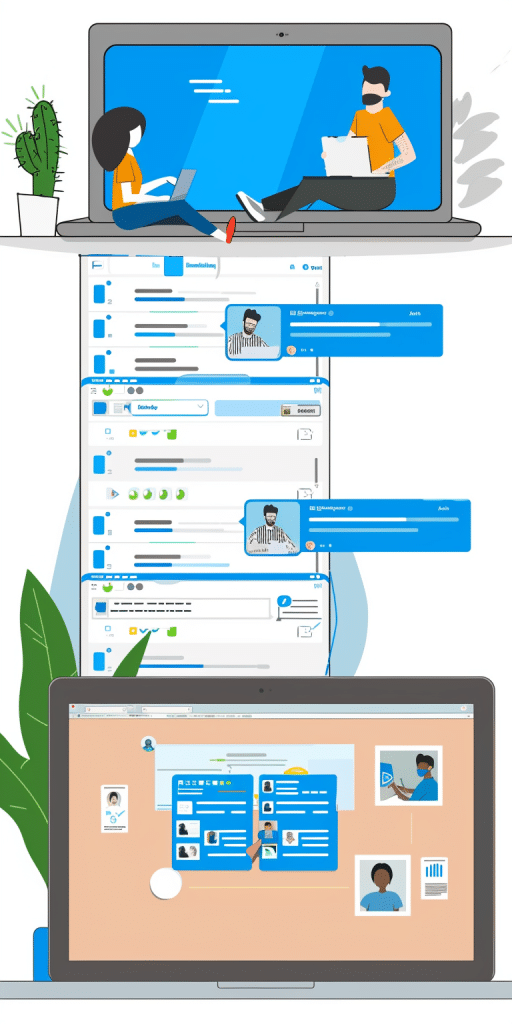 Online collaboration platform illustration with team members working on laptops