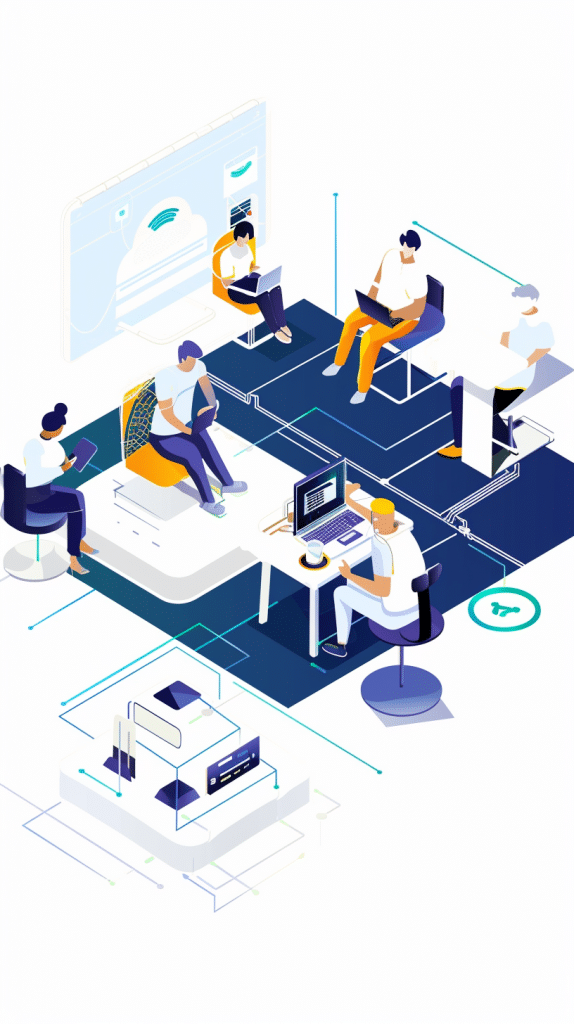 Illustration von Personen, die an verschiedenen Arbeitsstationen in einem modernen, digitalen Büro arbeiten. Einige arbeiten an Laptops, während andere Tablets verwenden, um miteinander zu interagieren.