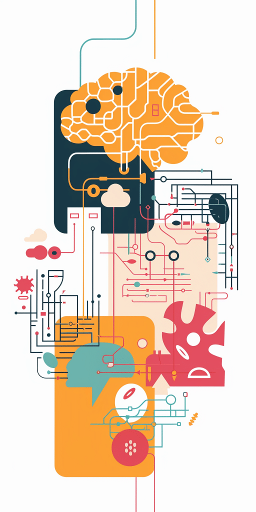 Abstrakte Illustration eines menschlichen Gehirns, das mit verschiedenen technischen und biologischen Symbolen verbunden ist, die die Komplexität der Künstlichen Intelligenz darstellen.